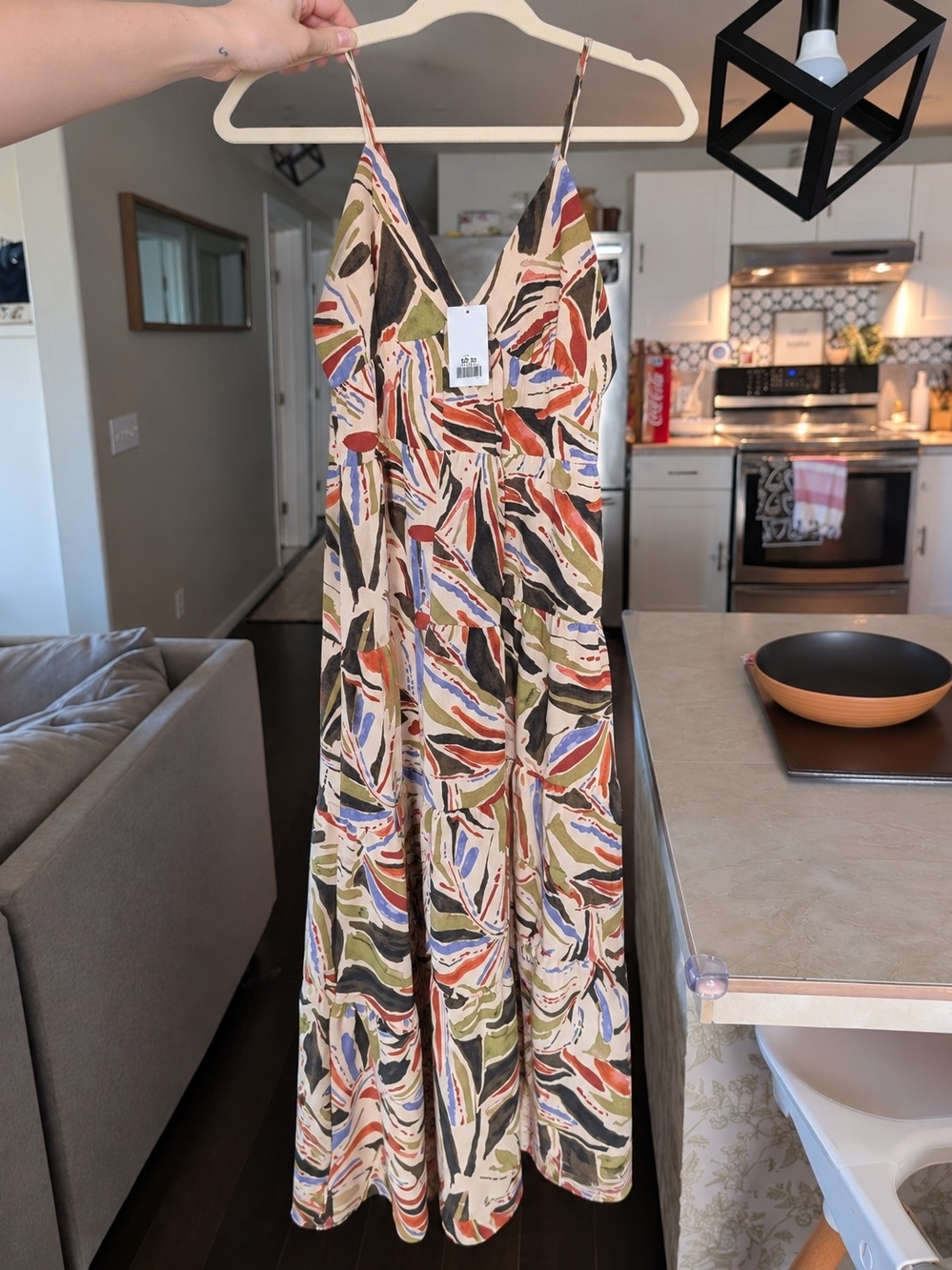 V-Neck Maxi Slip Dress in Multicolor Abstract Print